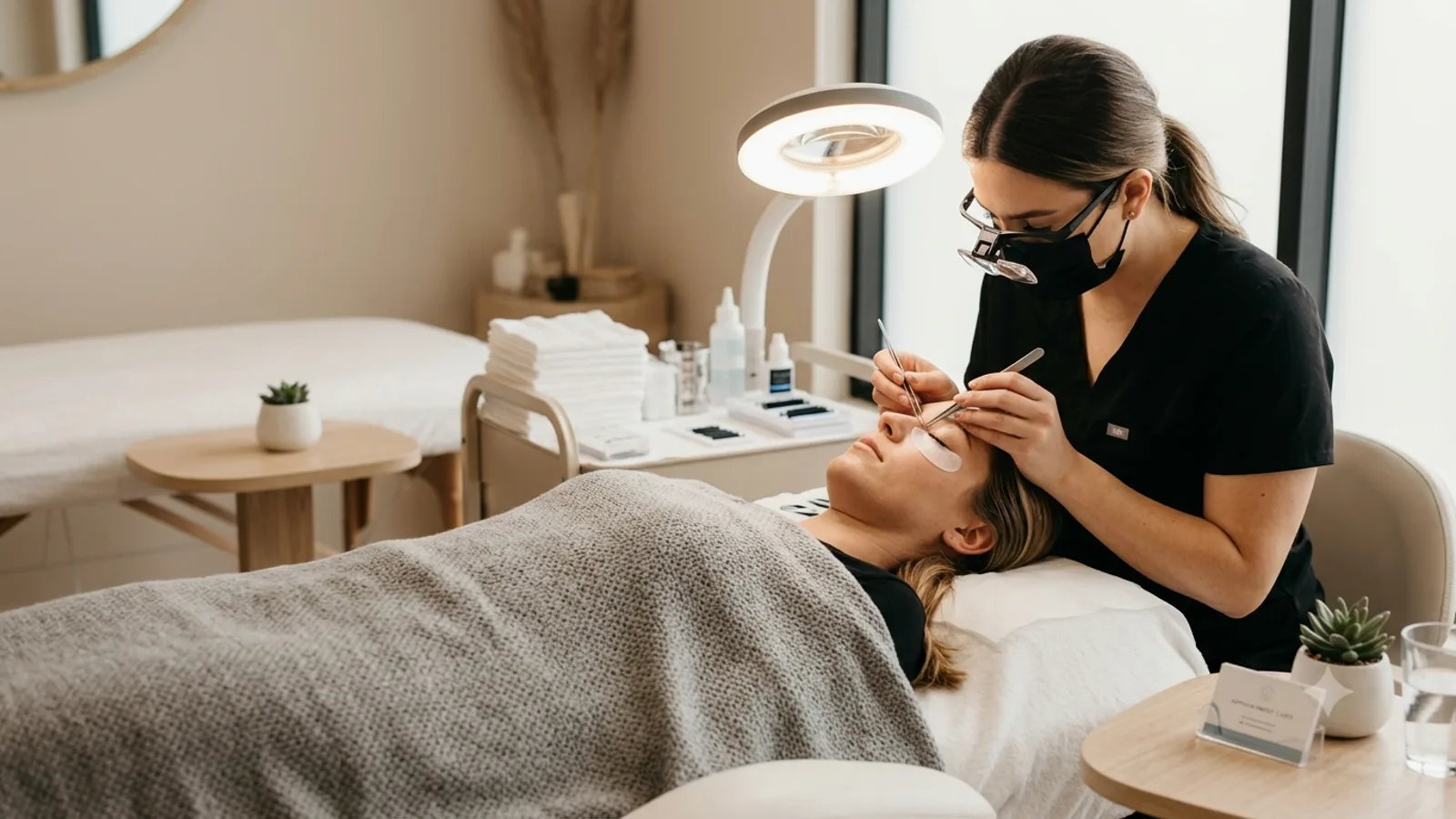 Lash technician applying extensions in a calm treatment studio