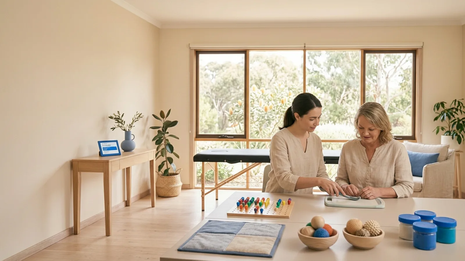 Occupational therapist helping a client practise a daily task