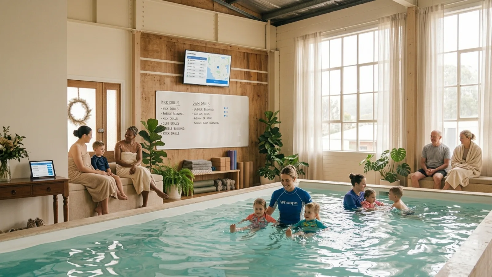 Swim instructor teaching children in a bright indoor pool
